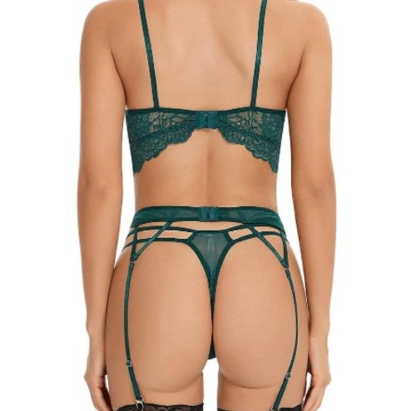 Women's Green Lace Floral Bra High Waist Garter Belt Thong Panty Lingerie Set - Picture 4 of 7